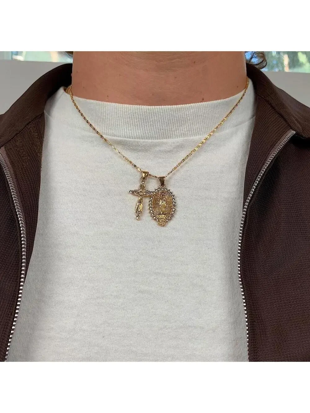 Stainless steel Vintage y2k style gold diamond Cross Saint Marry pendant